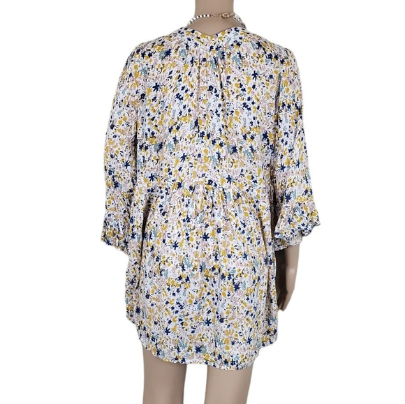 Cynthia Rowley Yellow Blue Floral Peasant Pleated Blouse - Picture 2 of 3